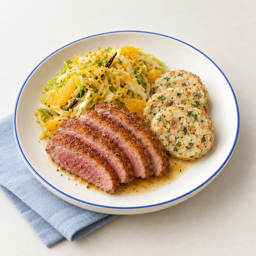 Aufgeschnittene Entenbrust mit knuspriger Haut, gebratenen Laugenknödelscheiben und Spitzkohl mit Orangenfilets.