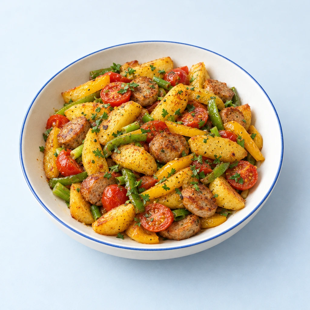 Gebratene Kartoffelviertel und Bratwurstscheiben mit grüner und gelber Paprika, Frühlingszwiebeln, Tomaten und Petersilie.