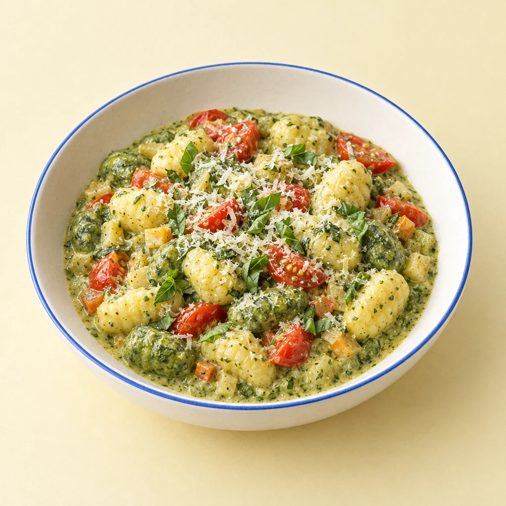Grüne und helle Gnocchi in cremiger Basilikumsauce mit geviertelten Kirschtomaten und geriebenem Parmesan.