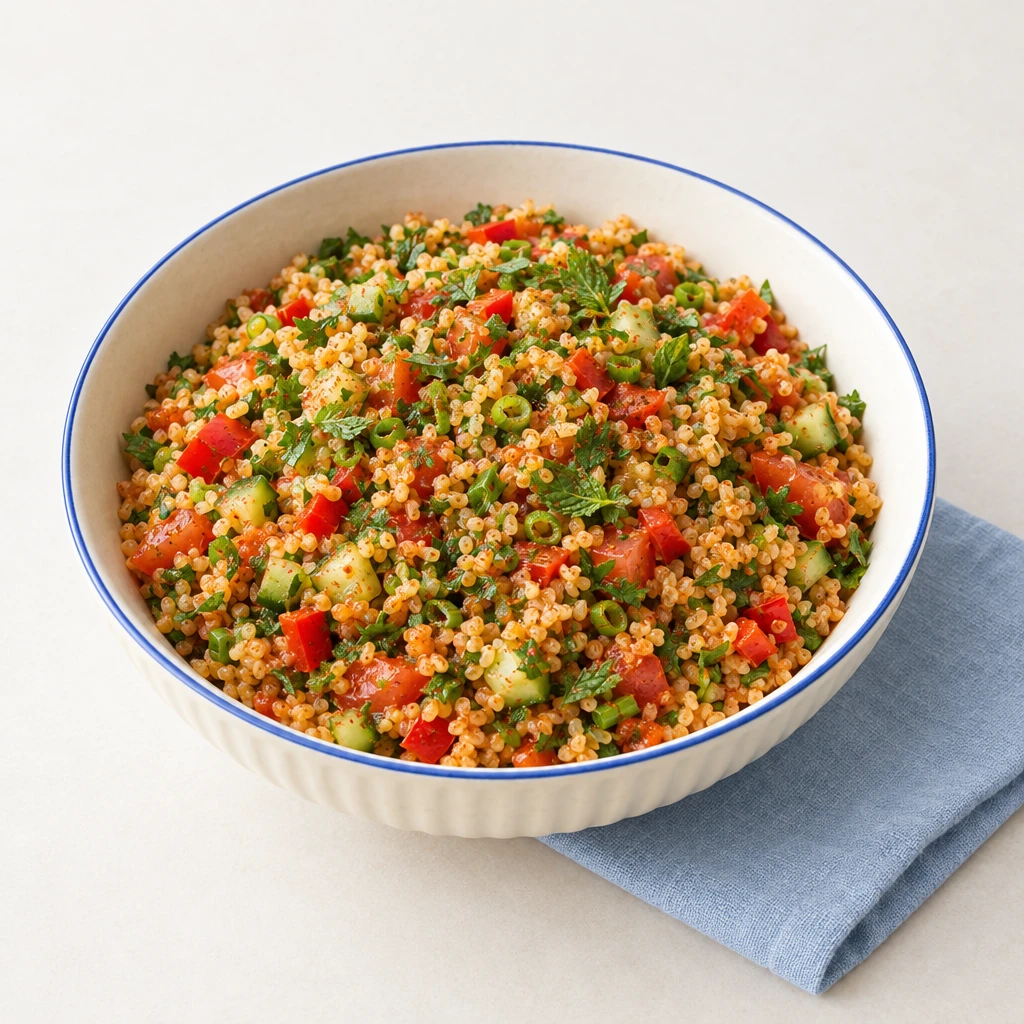 Bulgursalat mit fein gewürfelter Gurke, Tomaten, roter Paprika, Frühlingszwiebeln und Kräutern in einer Schale.