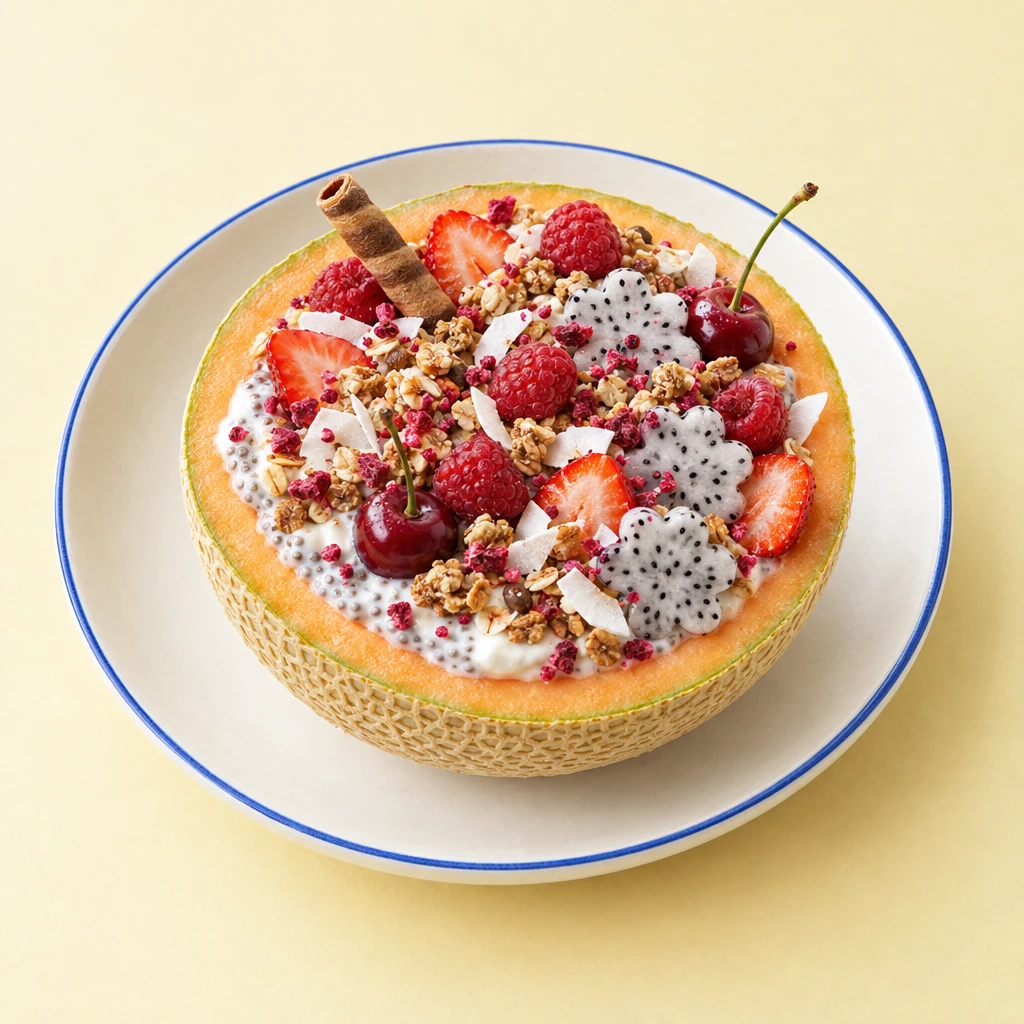 Melonenhälfte mit Chia-Pudding, Kokosjoghurt, Knuspermüsli, Drachenfruchtblüten, Beeren, einer Kirsche und einem Schokowaffelröllchen.