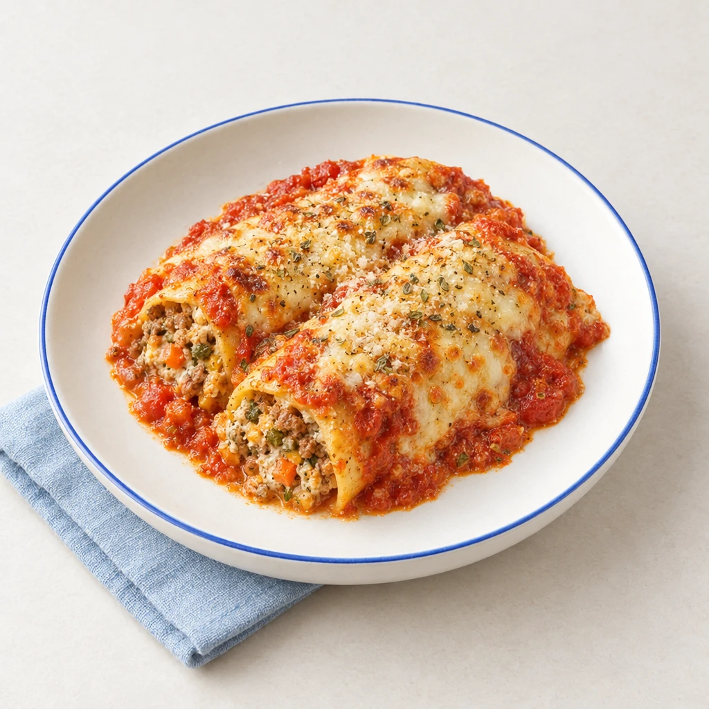 Cannelloni in Tomatensauce mit goldbrauner Käsekruste und sichtbarer Hackfleisch-Gemüse-Ricotta-Füllung.