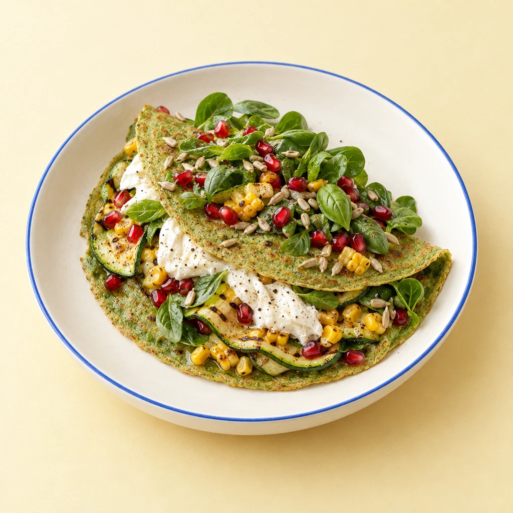 Grüne Spinat-Crêpe mit Burrata, gegrillter Zucchini, Mais, Feldsalat, Granatapfelkernen, Sonnenblumenkernen und Basilikum.