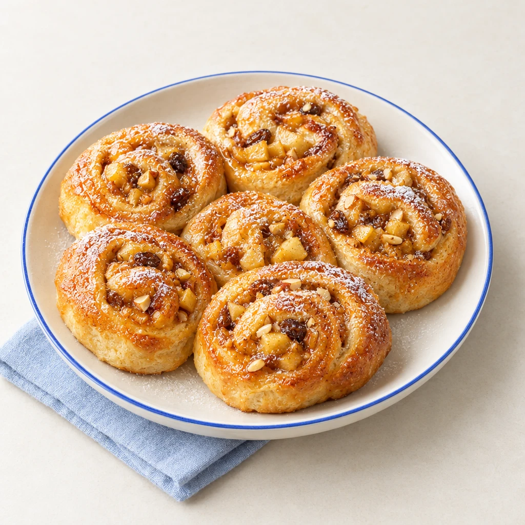 Goldbraune Apfelschnecken mit Apfelstückchen, Mandeln und Sultaninen in der Füllung, mit Aprikosenglasur und Puderzucker.
