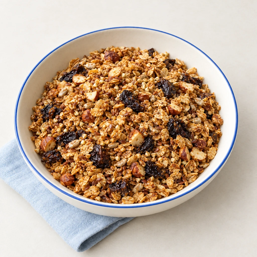 Goldbraunes Buchweizen-Granola mit Haferflocken, Haselnüssen, Saaten und getrockneten Pflaumen in einer Schale.