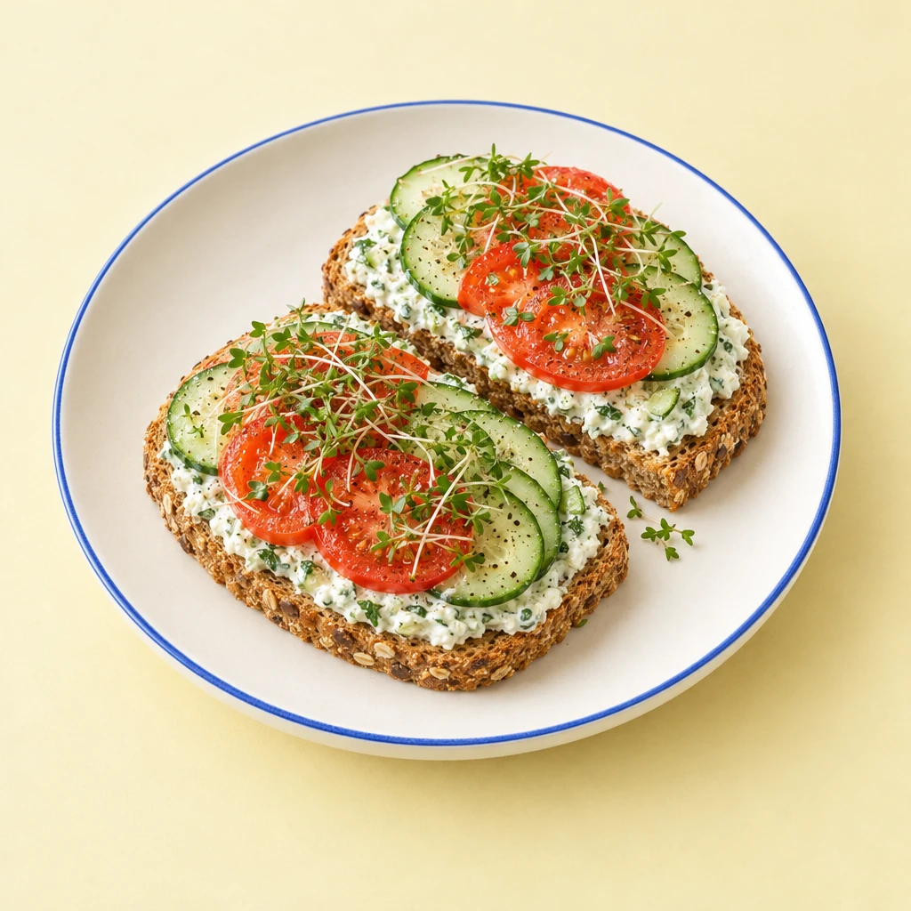 Vollkorntoast mit Kräuterquark, Gurken- und Tomatenscheiben sowie Kresse auf einem Teller.