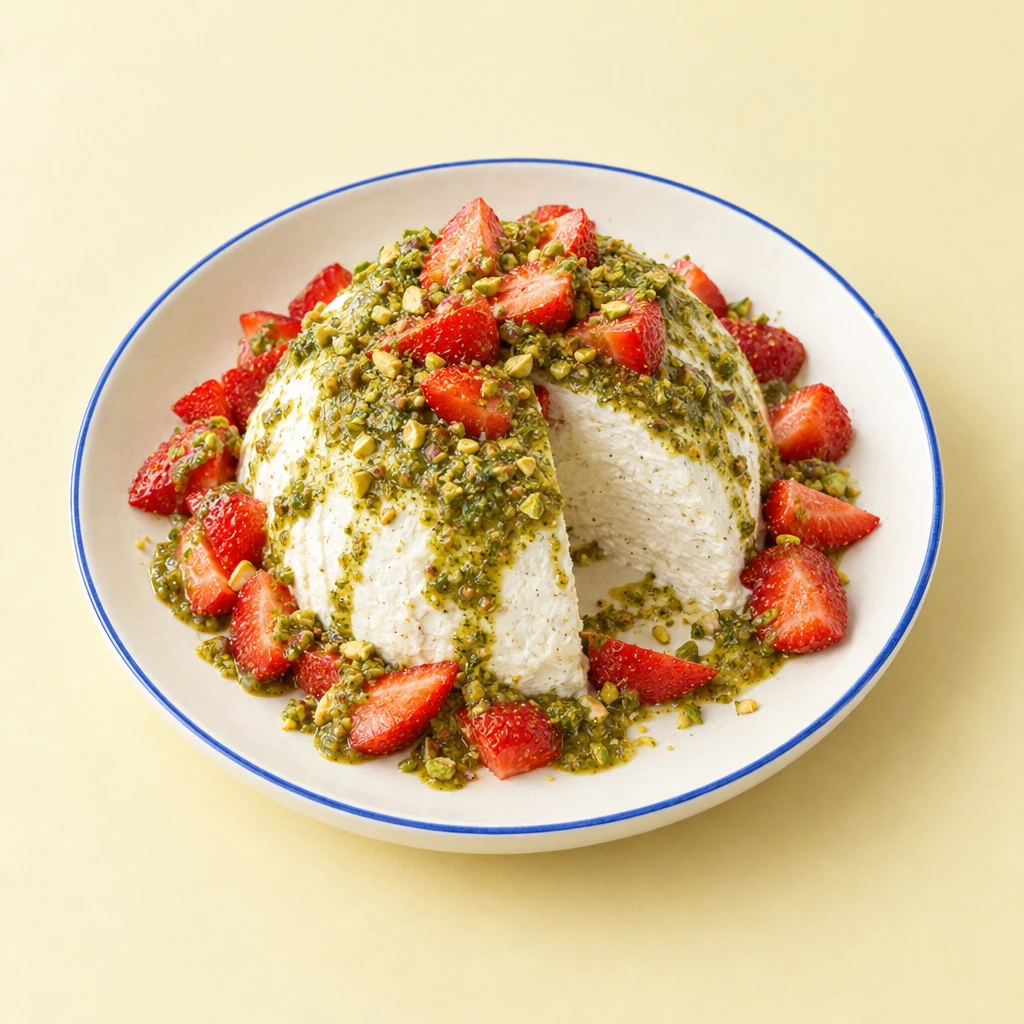 Weiße Joghurtbombe mit frischen Erdbeeren und grünem Pistazienpesto auf einem Teller.