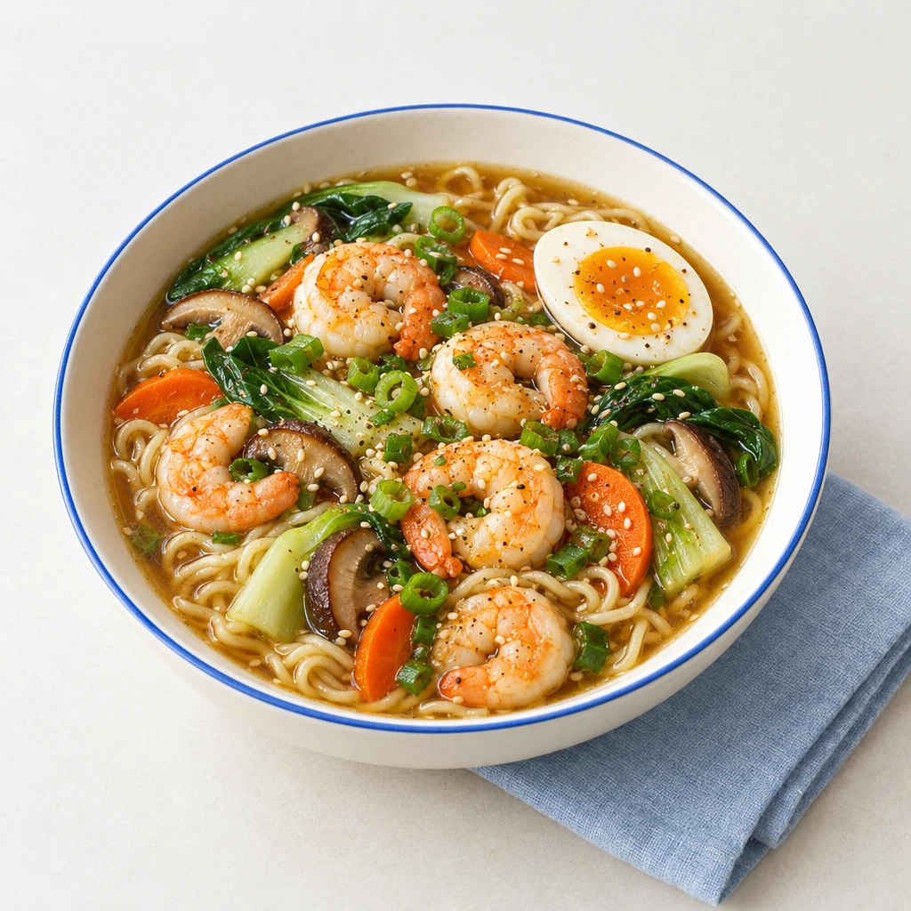 Ramen in Dashi-Brühe mit Riesengarnelen, Pak Choi, Möhren, Shiitake, gekochtem Ei, Sesam und Frühlingszwiebeln.