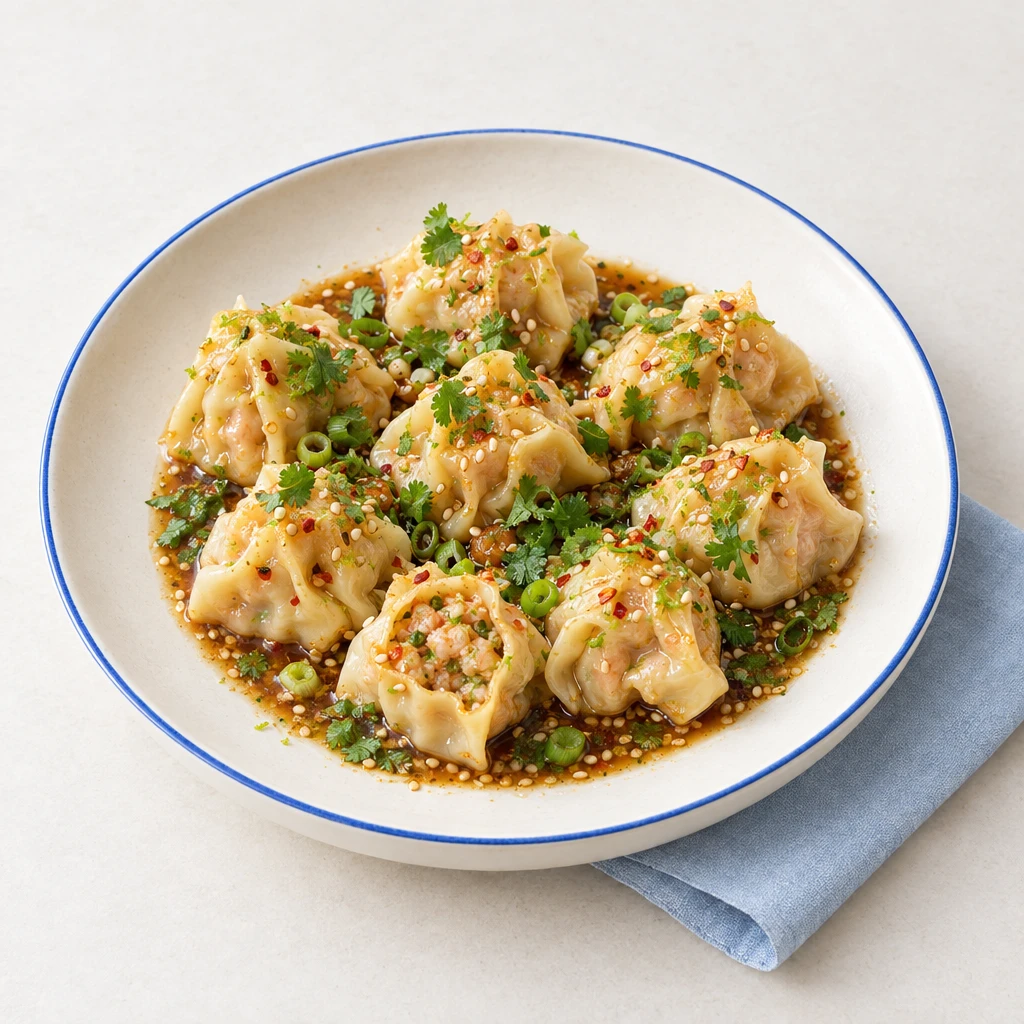 Gedämpfte Garnelen-Teigtaschen mit Sesamsauce und gehacktem Koriander, eine Teigtasche aufgeschnitten.