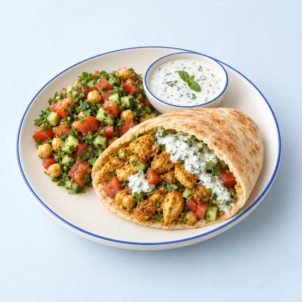Pita-Brote mit würzigem Hähnchen, Kichererbsen, Tomaten, Gurke, Kräutern und Minz-Joghurtsoße.