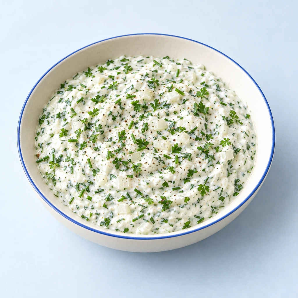 Cremiger Kräuterquark mit fein gehackten Kräutern und Zwiebelstückchen in einer Schale.