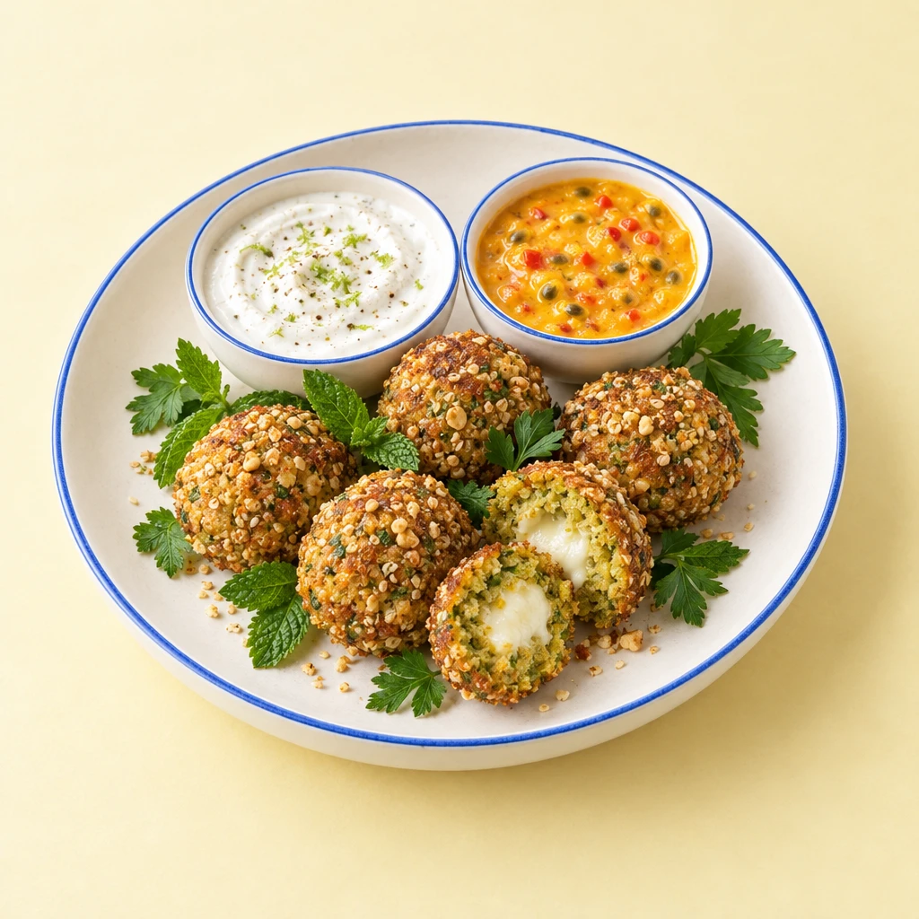 Blumenkohl-Falafel mit Mozzarellakern, Sesam-Cashew-Kruste und zwei Dips.