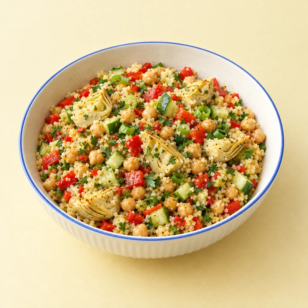 Couscous-Salat mit Kichererbsen, Gurke, roter Paprika und Petersilie, garniert mit gebratenen Artischockenhälften.