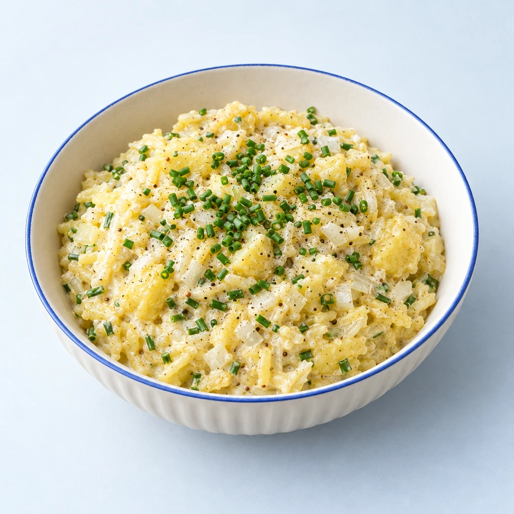 Cremiger Kartoffelkäse mit Schnittlauchröllchen in einer flachen Schüssel.