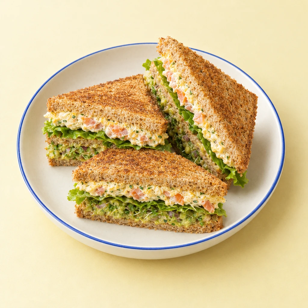 Diagonal halbierte Vollkorn-Club-Sandwiches mit Avocado, Kresse, Salat und Forellen-Kurkuma-Quark.