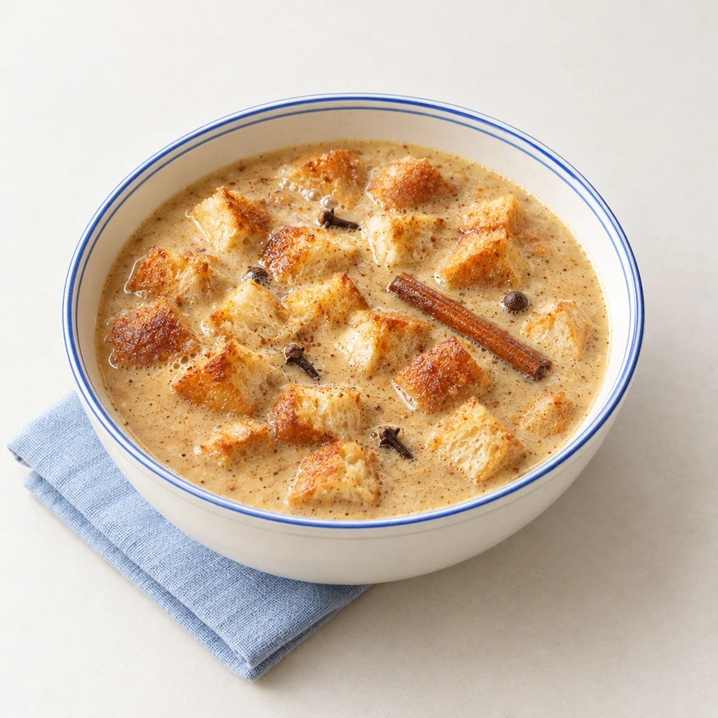 Cremige fränkische Biersuppe mit goldbraun gerösteten Milchbrötchenwürfeln in einer tiefen Schüssel.