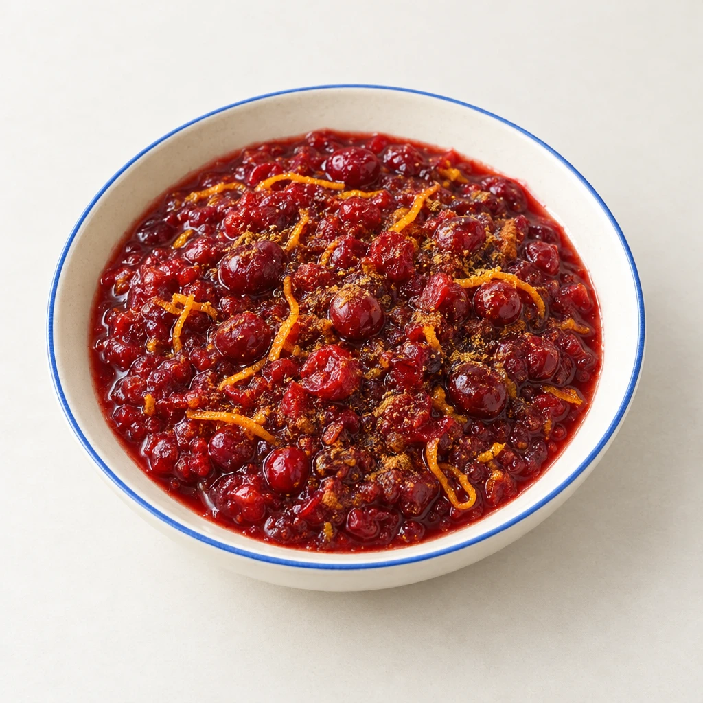 Dunkelrote Cranberry-Sauce mit weich gekochten Beeren und feinem Orangenabrieb in einer Schale.