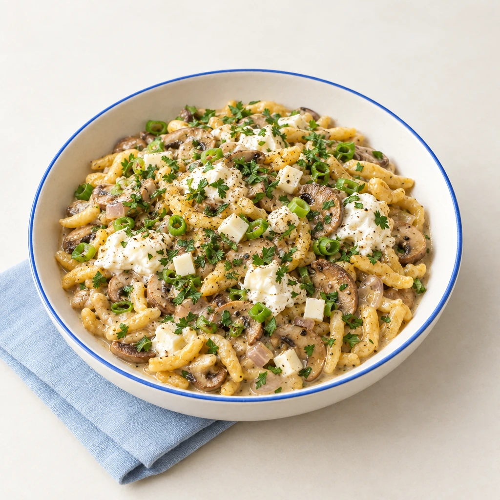 Überbackene Spätzle mit Pilzen, Burrata und Frühlingszwiebelgrün in einer flachen Schale.