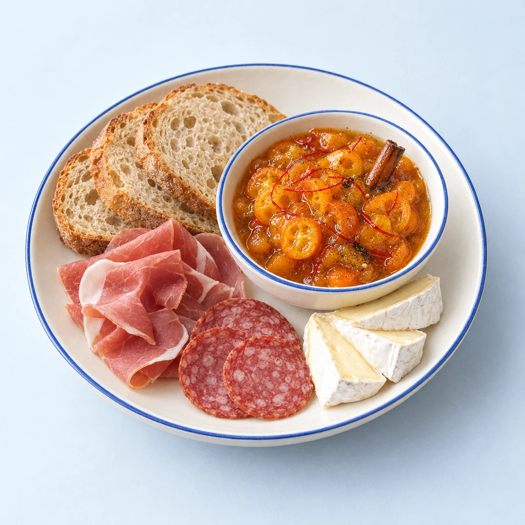 Dickflüssiges Kumquat-Chutney mit glänzenden Fruchtscheiben und feinen Chilifäden in einer flachen Schale.