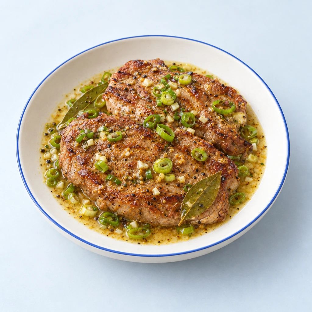 Biermarinade mit Frühlingszwiebelringen, Knoblauch und Lorbeerblättern in einer Schüssel.