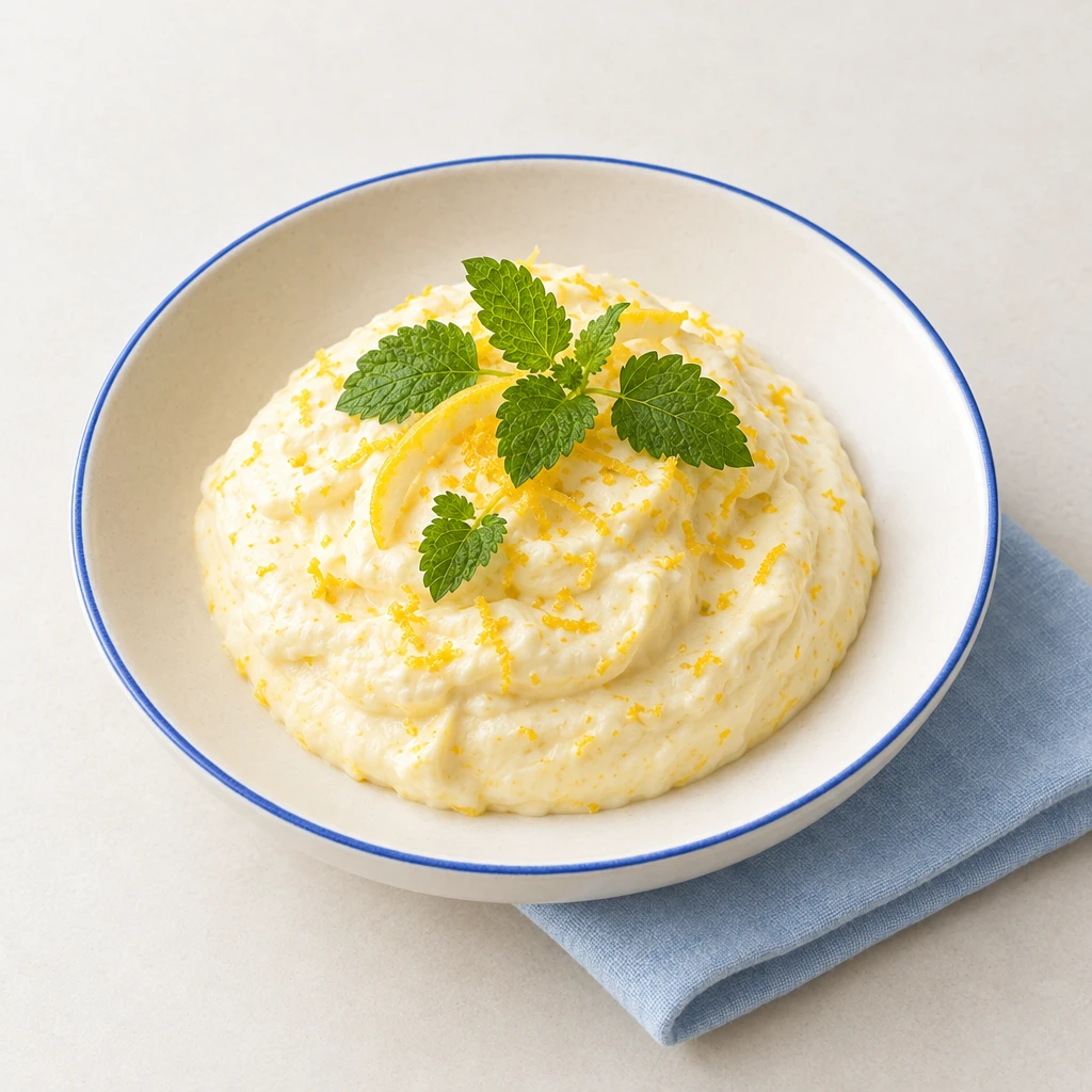 Helle Zitronencreme im Glas, mit Zitronenmelisse garniert.