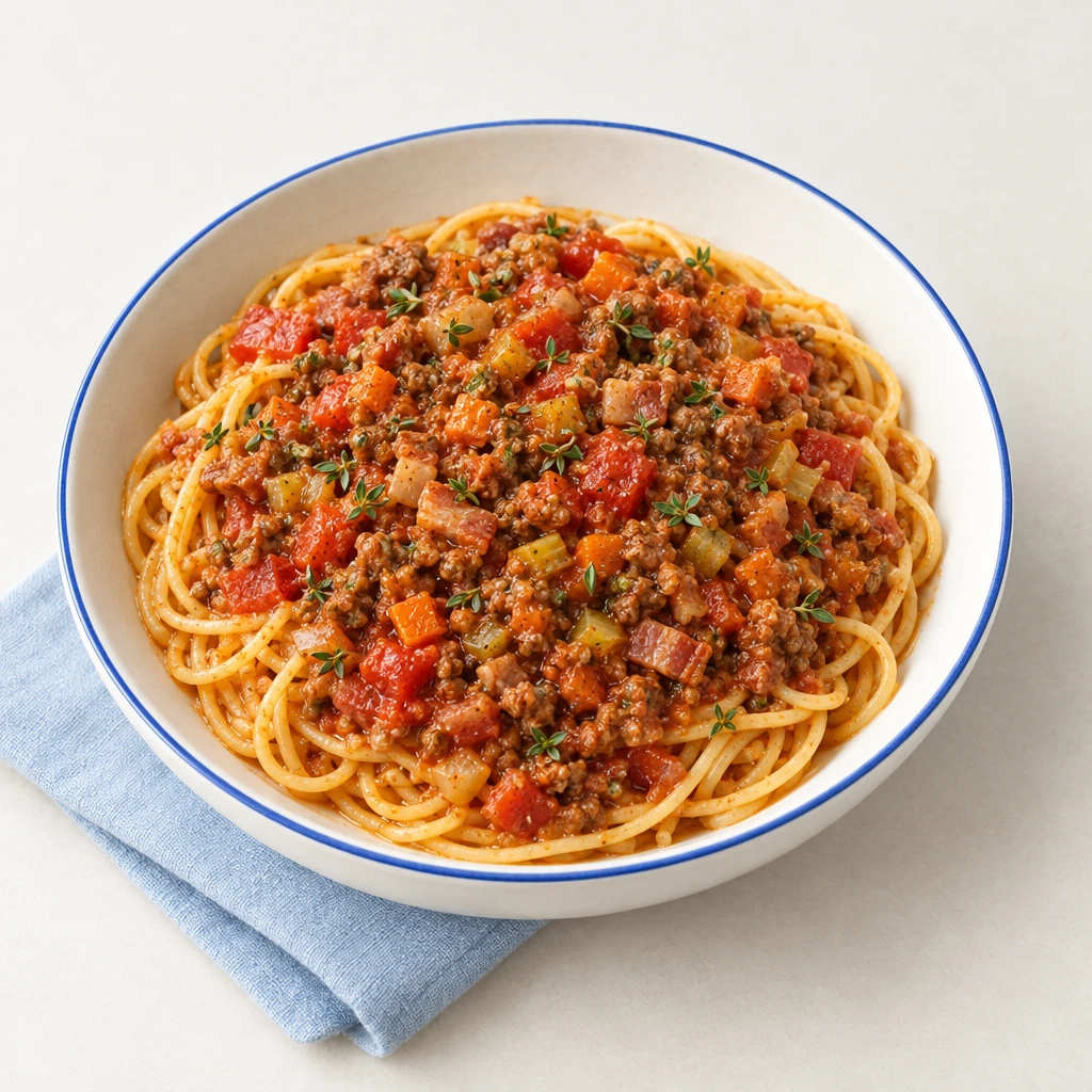 Spaghetti mit einer stückigen Bolognese aus Hackfleisch, Speck, Tomaten und Gemüse in einer flachen Schale.