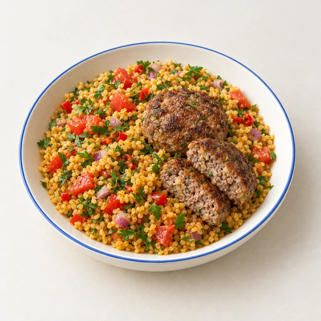 Bulgursalat mit Tomaten, Petersilie und roten Zwiebeln neben gebräunten Lammfrikadellen.