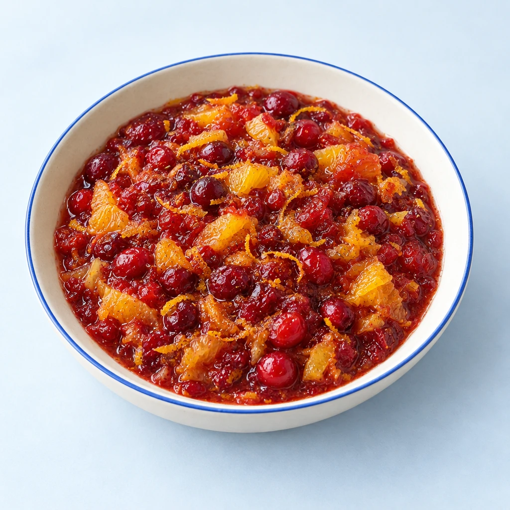 Dunkelrotes Cranberry-Chutney mit Orangenstückchen und Orangenabrieb in einer flachen Schale.