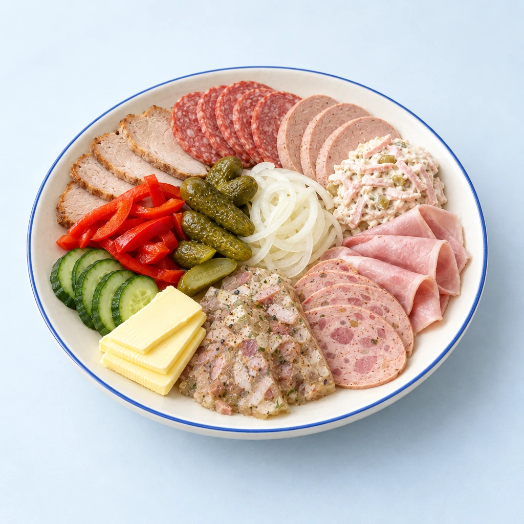 Fränkische Brotzeit mit Aufschnitt, Fleischsalat, Butter, Sauerteigbrot und Gemüsegarnitur auf einer länglichen Holzplatte.
