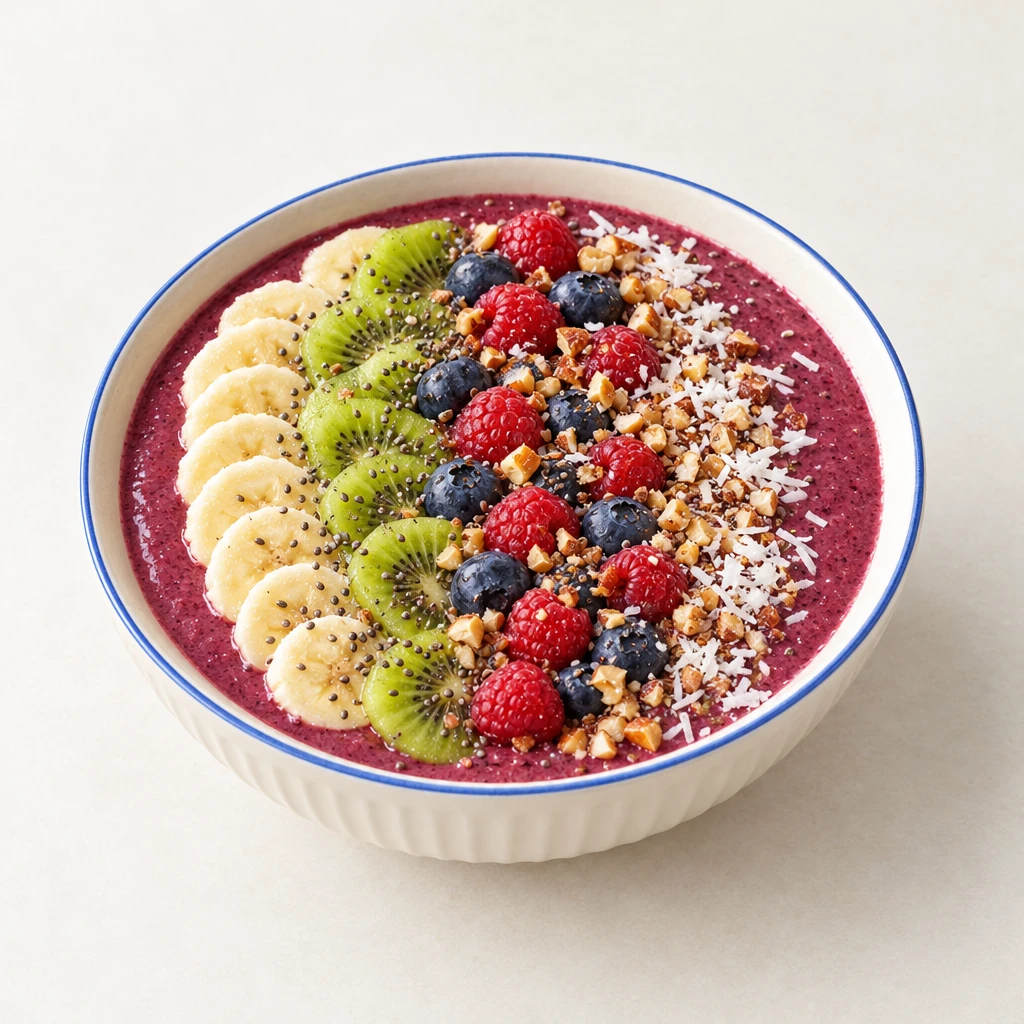 Cremige Beeren-Smoothie-Bowl mit Bananen- und Kiwischeiben, Himbeeren, Blaubeeren, Chiasamen, Haselnuss-Krokant und Kokosraspeln.