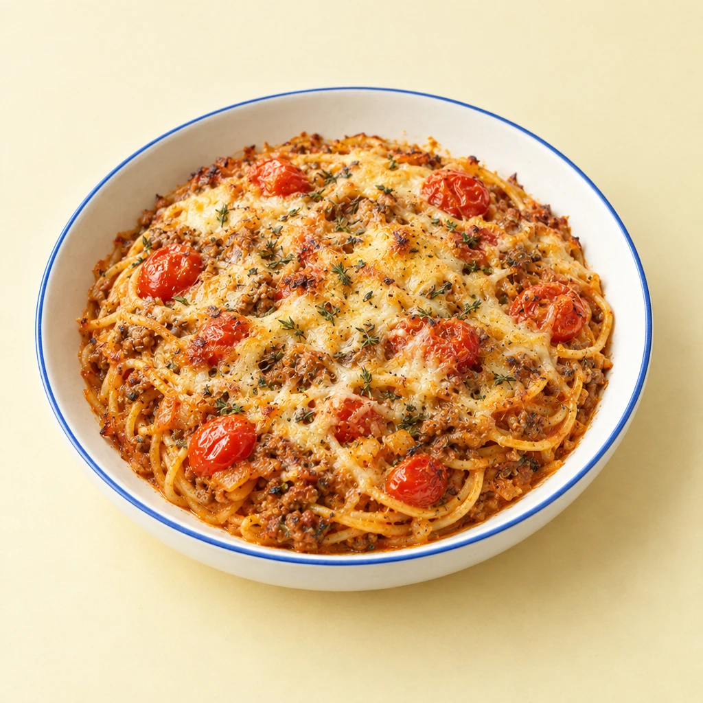 Spaghettiauflauf mit Hackfleisch-Tomatensauce, geschmolzenem Käse und gebackenen Cocktailtomaten.