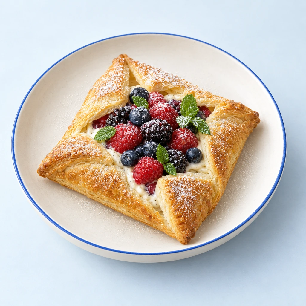Goldbraune Blätterteigtaschen mit offener Quarkcreme-Beeren-Füllung, Puderzucker und Minzblättern auf einem Teller.