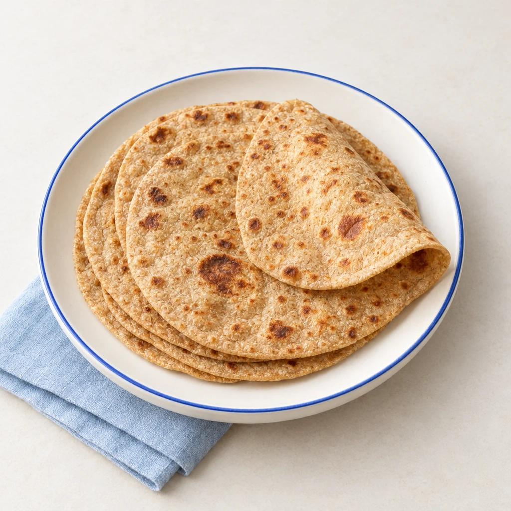 Dünne Vollkorn-Chapatis mit braunen Röstflecken, auf einem Teller gestapelt.
