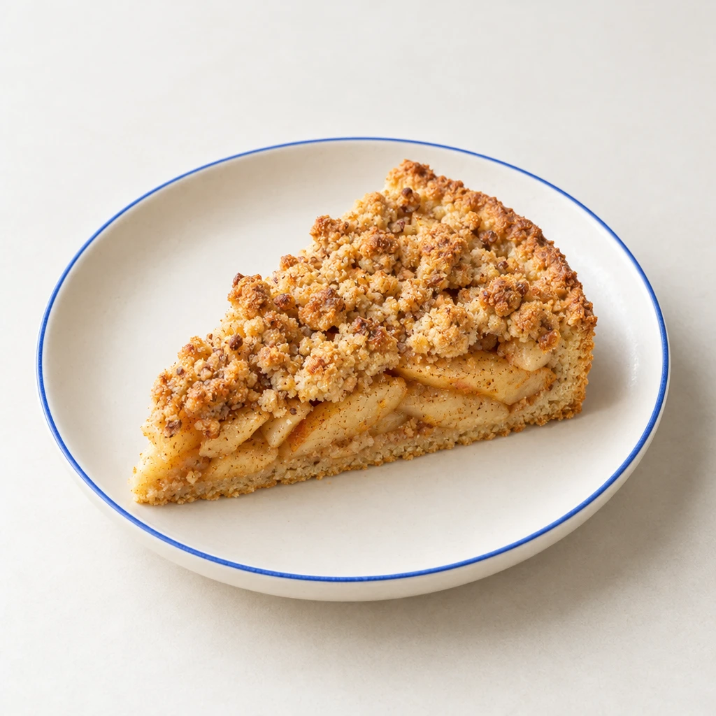 Angeschnittener Apfelkuchen mit Apfelspalten und goldbraunen Haselnussstreuseln auf einem Teller.