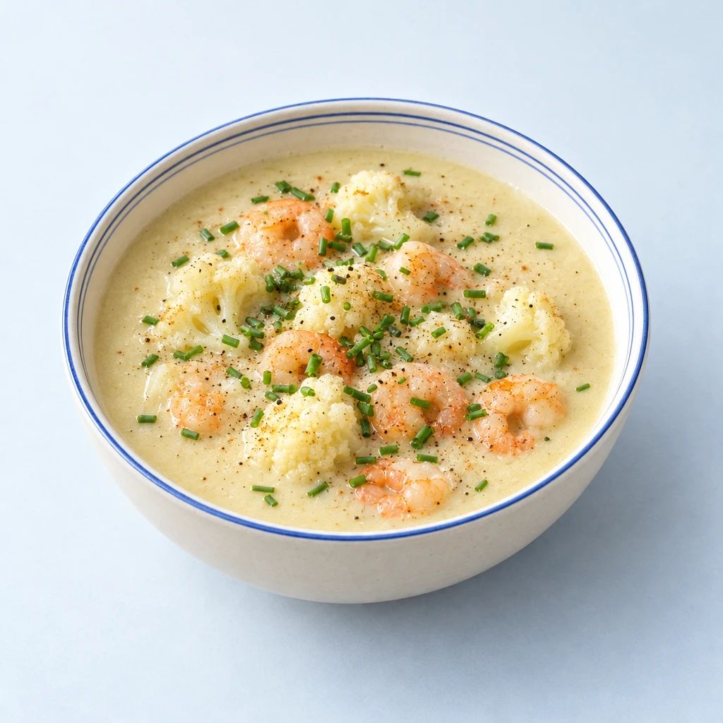 Cremige Blumenkohlsuppe mit Blumenkohlröschen, Garnelen und Schnittlauchröllchen in einer Schüssel.