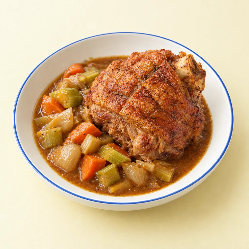 Schweinehaxe in Stücken mit knuspriger, rautenförmig eingeschnittener Schwarte und dunkler Biersauce auf einem Teller.