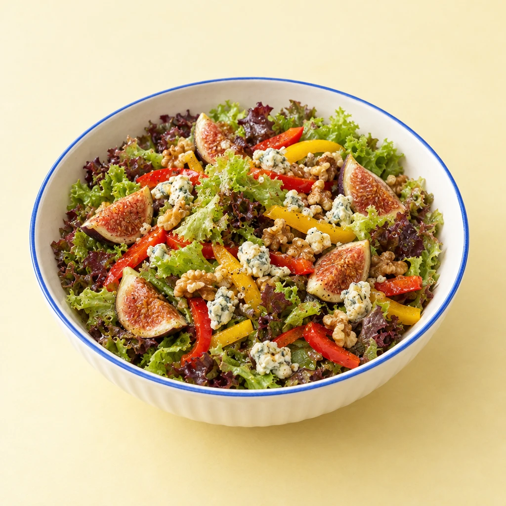 Blattsalat mit roten und gelben Paprikastreifen, Gorgonzola, Walnüssen und gebackenen Feigenhälften.