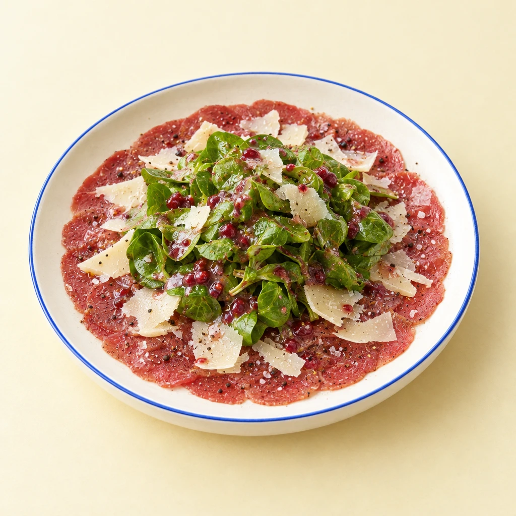 Dünne Scheiben Rindercarpaccio mit gehobeltem Parmesan, Feldsalat und Zimt-Preiselbeer-Dressing auf einem Teller.