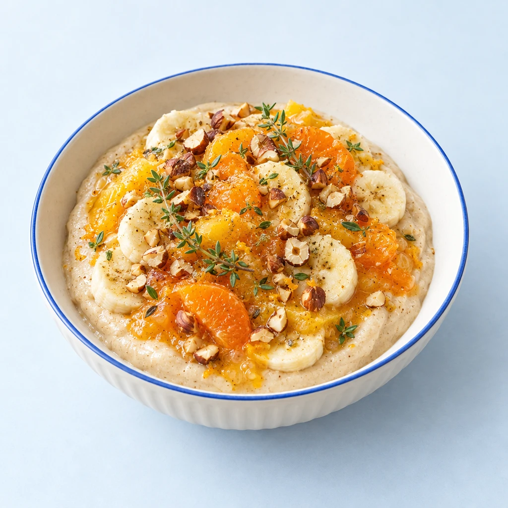 Bananen-Nicecream mit Bananenscheiben, Mandarinen-Orangen-Kompott, gerösteten Haselnüssen und Thymian in einer Schale.