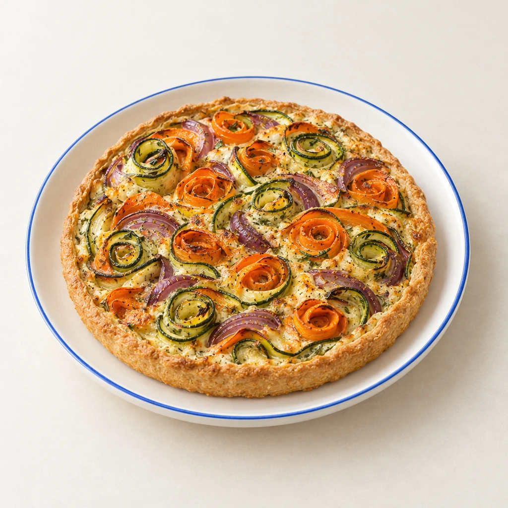 Goldbraune Gemüsetarte mit gerollten Karotten- und Zucchinistreifen, roten Zwiebelhälften und einer Ziegenkäse-Parmesan-Füllung.