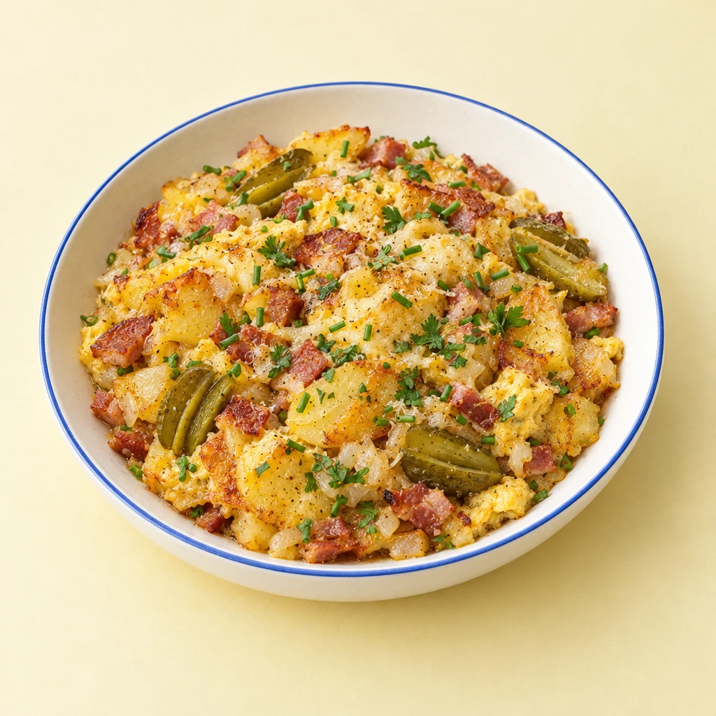 Hoppel-Poppel mit gebratenen Kartoffeln, Speck, Zwiebeln und gestocktem Kräuter-Käse-Ei, daneben fächerförmig geschnittene Cornichons.