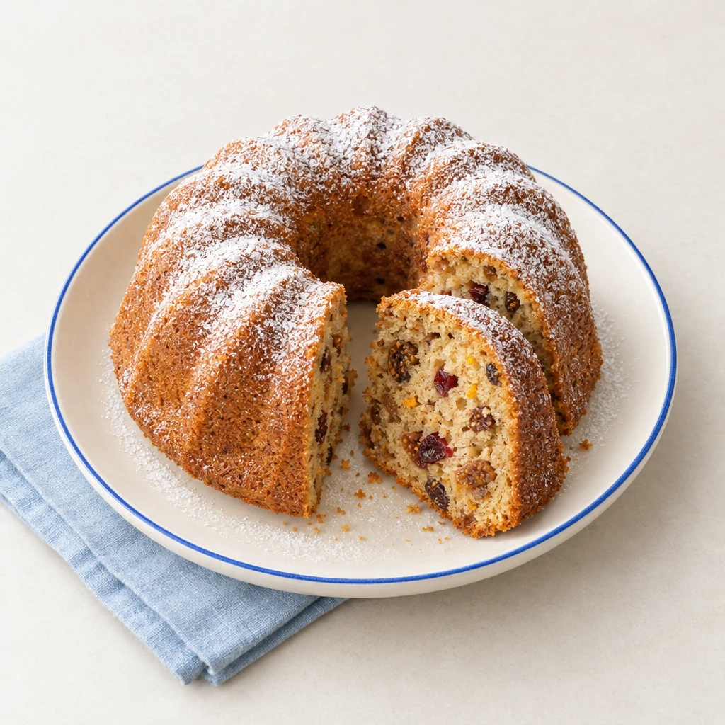 Mit Puderzucker bestäubter Bibelkuchen als Gugelhupf, daneben ein Stück mit sichtbaren Trockenfrüchten.