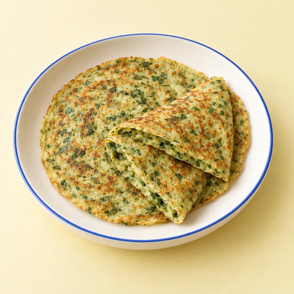 Grüne Bärlauch-Pfannkuchen mit leicht gebräunter Oberfläche auf einem Teller.