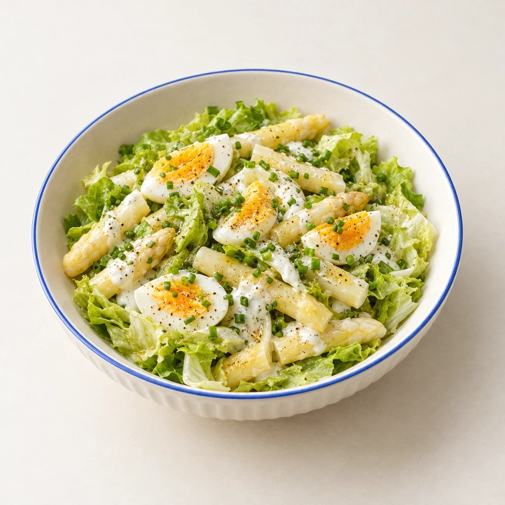 Weißer Spargelsalat mit Blattsalatstreifen, hart gekochten Eihälften, cremiger Sauce und Schnittlauch auf einem Teller.