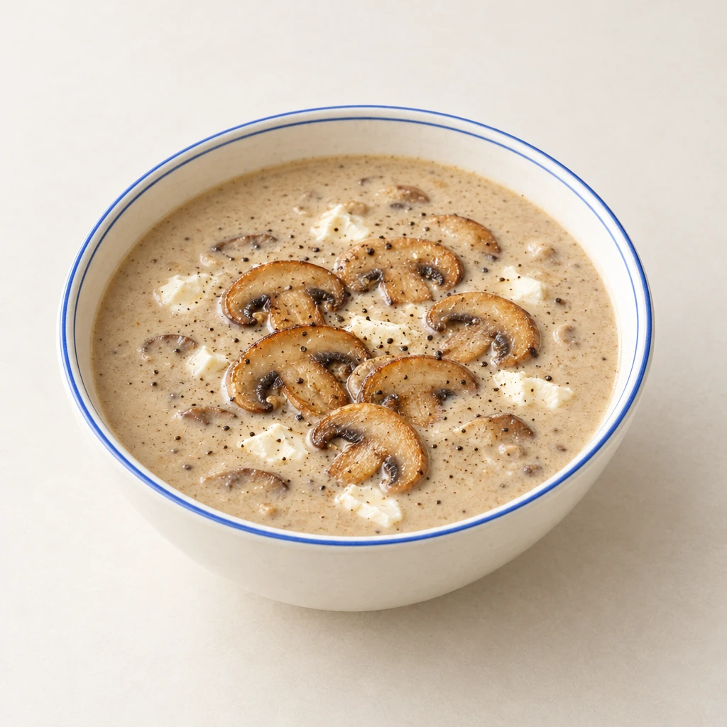 Cremige Champignonsuppe mit gebräunten Champignonscheiben und kleinen Frischkäsestückchen in einer Schale.