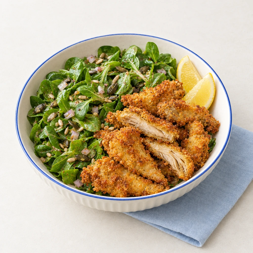 Feldsalat mit goldgelb panierten Austernpilzen, gerösteten Sonnenblumen- und Kürbiskernen sowie Zitronenspalten.