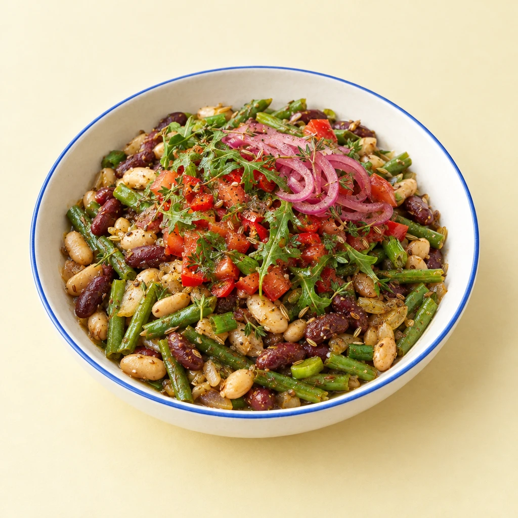 Bohnenpfanne mit Thymian, Chili-Tomaten-Salsa, eingelegten roten Zwiebeln und Pitabrot.