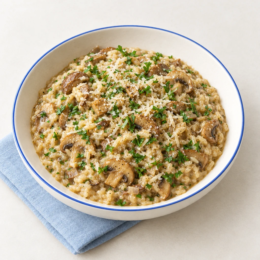 Cremiges Champignon-Risotto mit Parmesan und fein geschnittener Petersilie in einer flachen Schale.