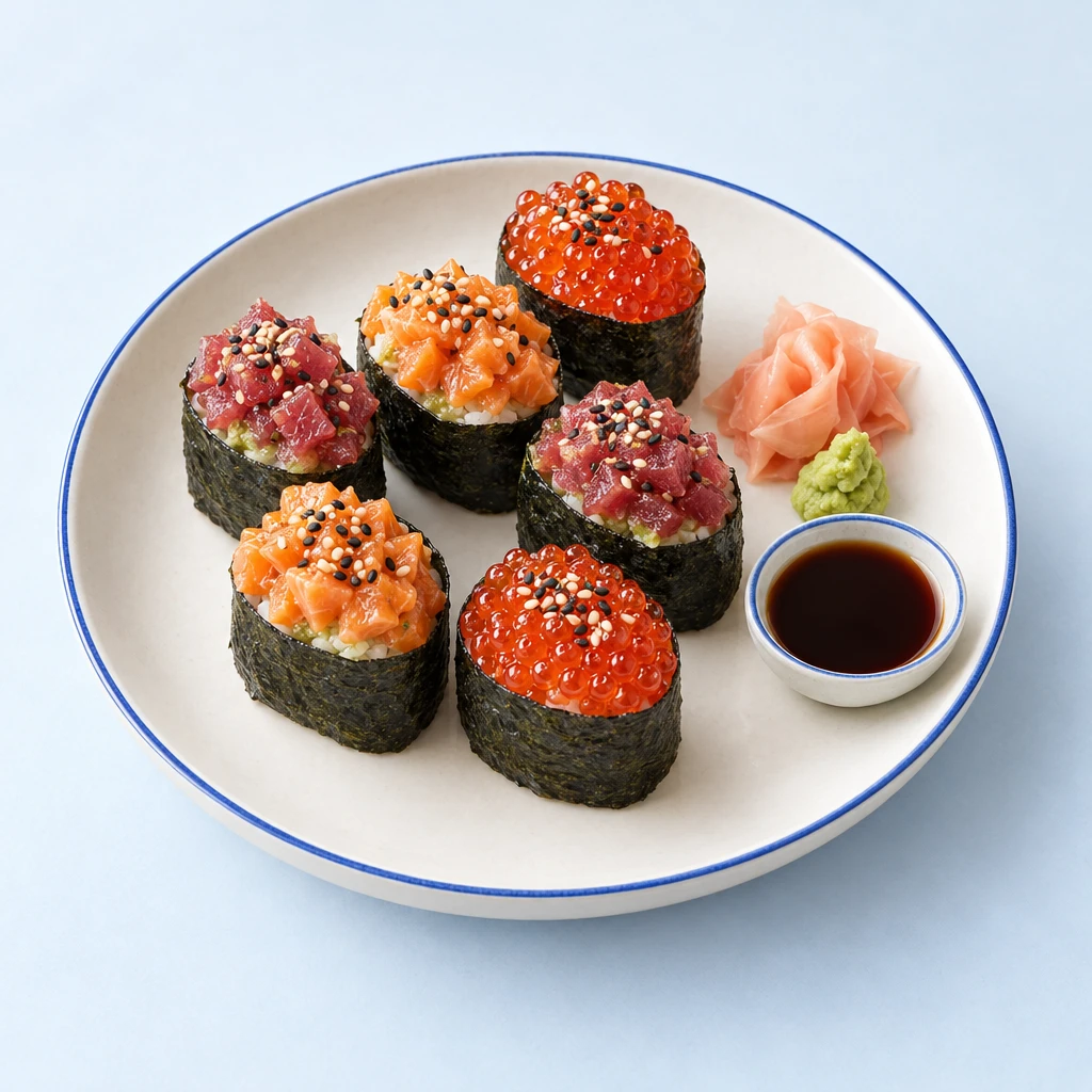 Gunkan-Sushi mit Thunfisch, Räucherlachs, rotem Kaviar und schwarzem Sesam, dazu eingelegter Ingwer, Wasabi und Sojasoße.