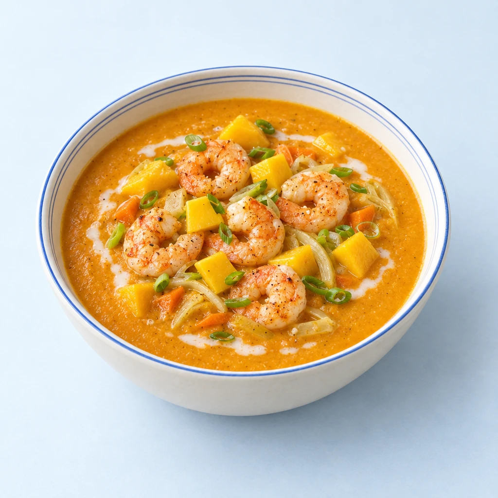 Cremige, gelb-orange Karotten-Mango-Suppe mit gebratenen Garnelen in einer Schüssel.